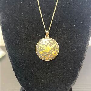 Elegant Gold Tone and Black Vintage Damascene Pendant Necklace